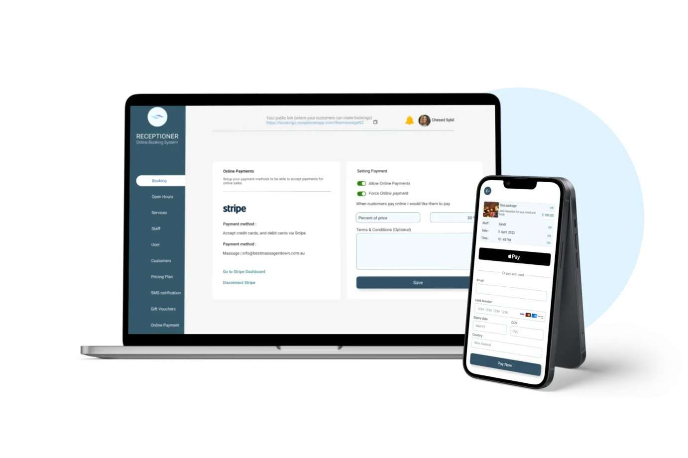 Receptioner dashboard on a laptop with the mobile booking checkout on a phone